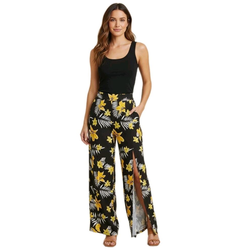Tropical Resortwear Palazzo Pants Sz S Floral Black Flowy Wide Leg Slit Coquette